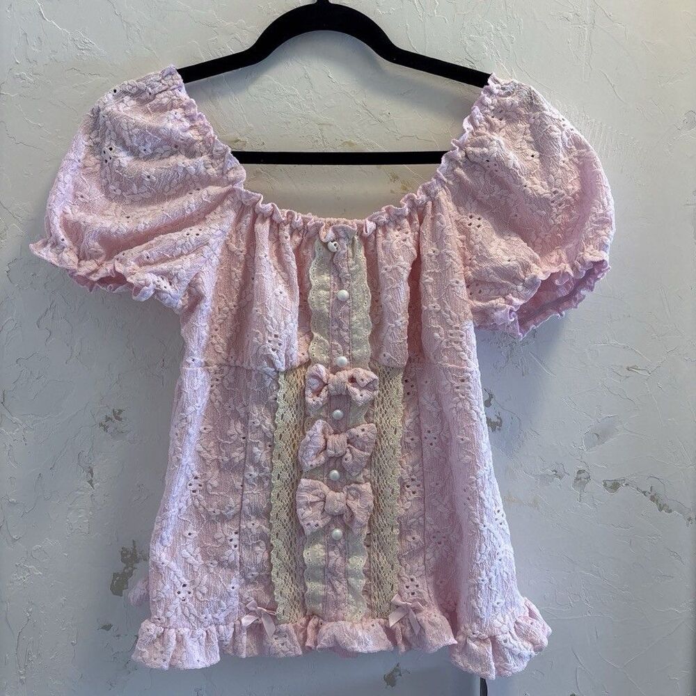 ROMWE pink sweetheart blouse Cottagecore Fairycore Softgirl Victorian SZ Large
